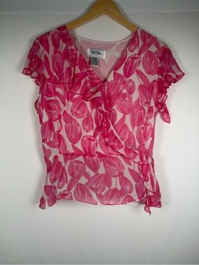 Vintage Bob Mackie Silk Pink Floral Fairy Ruffle Wrap Top